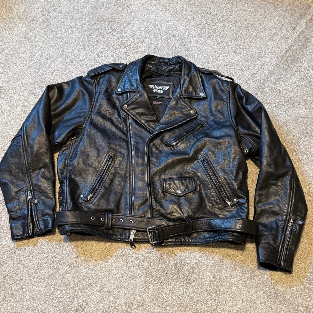 Bikers Club Mens Black Leather Motorcycle Jacket Thinsulate Lined Belted Size 52